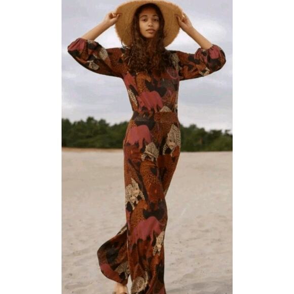 Farm Rio Animalia Mirana Jumpsuit Large Wide leg Jaguar print Anthropologie - Picture 1 of 5